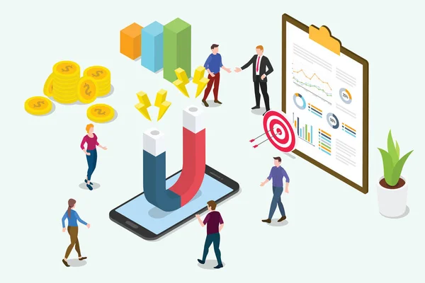 Concepto de marketing de retención de clientes 3d isométrico con personas de equipo e imán con gráfico - vector — Archivo Imágenes Vectoriales