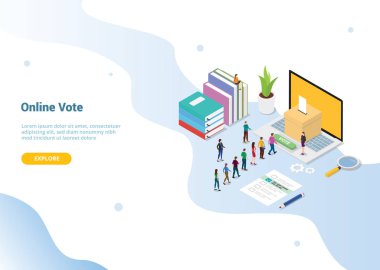 isometric 3d online vote concept with people queued up for website template or landing homepage - vector clipart