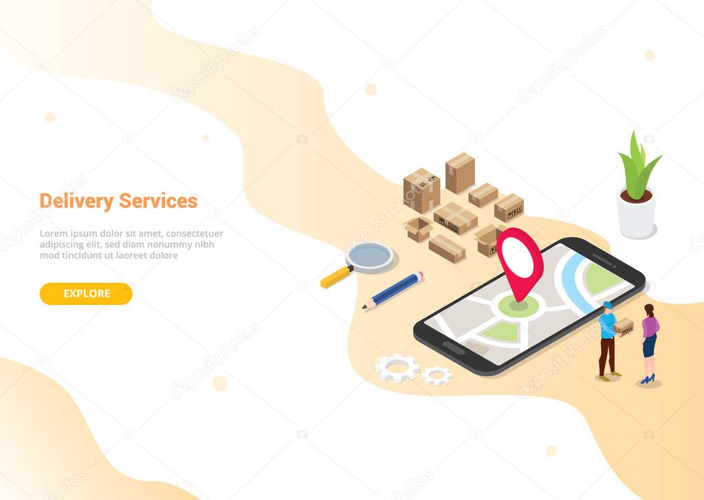 isometric 3d online delivery service concept with people deliver order for website template design or landing homepage - vector