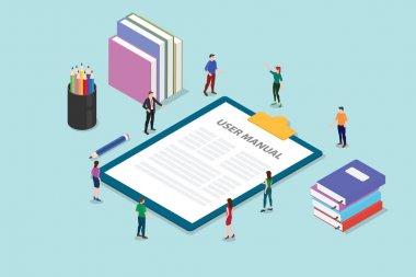 insanlar ve modern tarzı düz ve izole veya isometry 3d ile pano üzerinde bazı kılavuz ile kullanıcı manuel kitap kavramı - vektör
