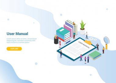 kişilerle kullanıcı manuel kitap konsepti ve web sitesi şablonu tasarımı veya iniş ana sayfası için panoda bazı kılavuz - vektör