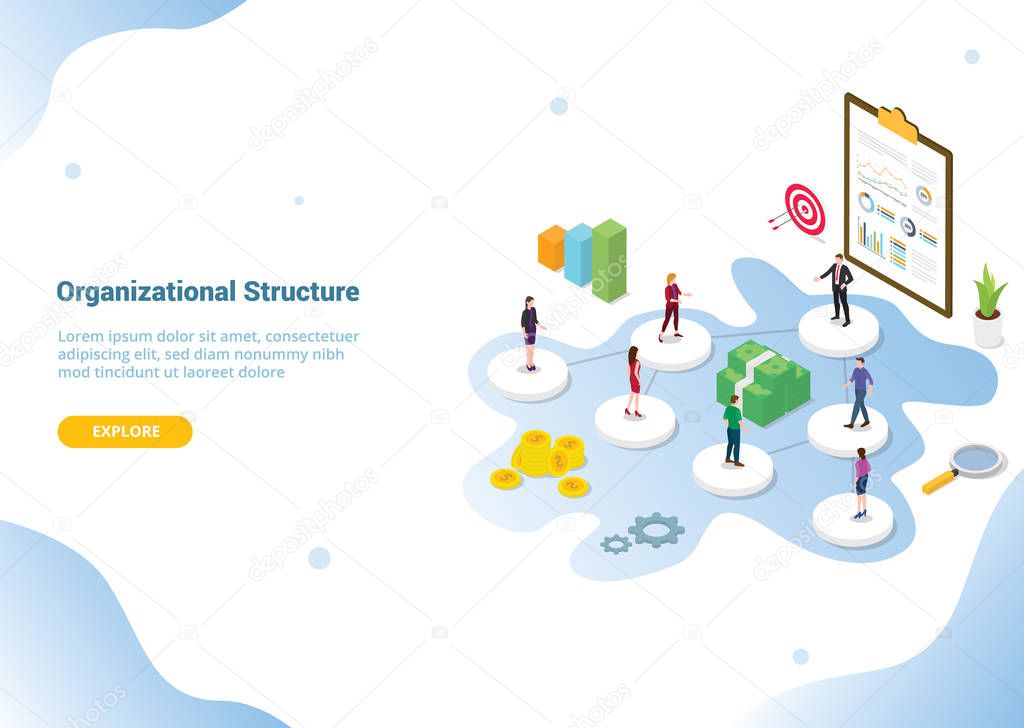 company or organization structure concept with isometric or isometry 3d style for website template banner or landing homepage - vector