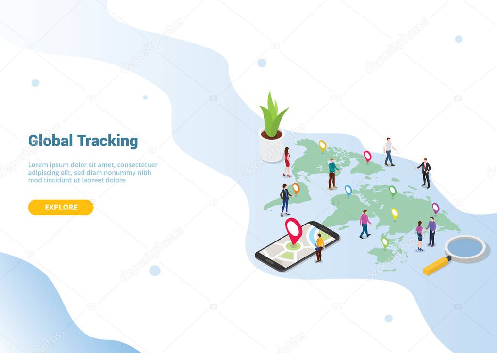 global tracking concept with team people men and woman with isometric 3d for website template banner or landing homepage - vector