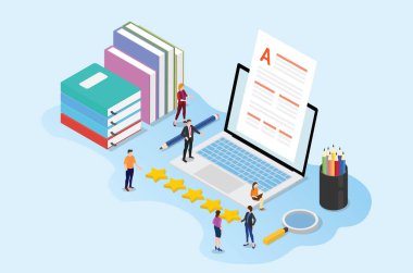 kağıt belge ve isometrik tarzı ile dizüstü kitap ile takım kişi editörü ile yüksek kaliteli içerik kavramı - vektör