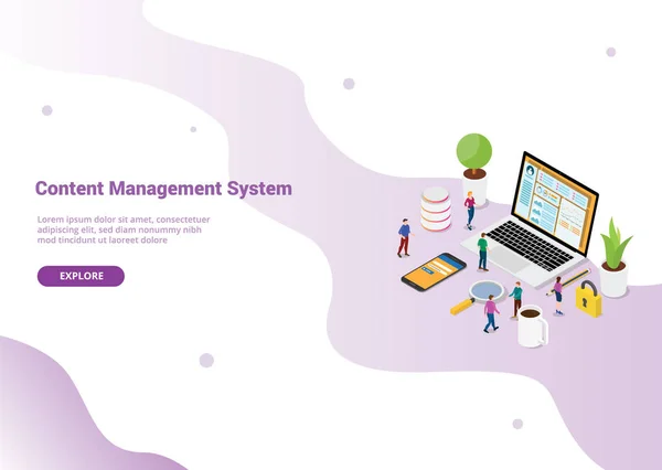 CMS Content Management System Konzept mit Laptop und Webseite mit sicherem Login für Website-Vorlage oder Landeshomepage - Vektor — Stockvektor
