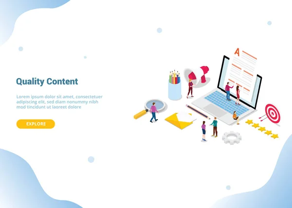 Kwalitatief hoogwaardig content concept met team people editor met papieren document en laptop voor website sjabloon of landing Homepage banner-vector — Stockvector