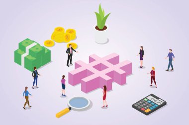 izometrik tarzı ile iş için kalabalık insanlar ve iş simgesi sembolü ile sosyal medya hashtag kavramı - vektör