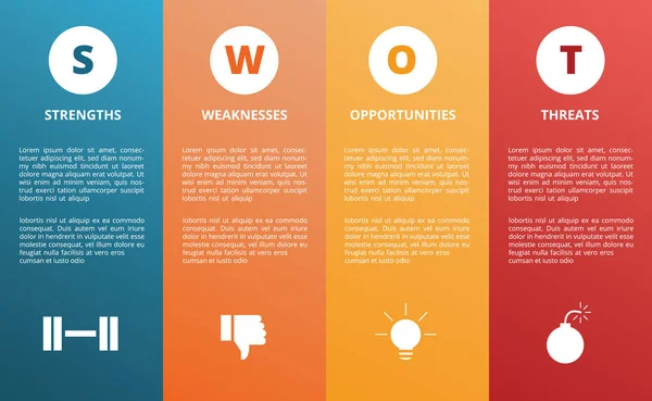 Swot strength weakness opportunity diagram concept presentation with modern style and icon horizontal layout - vector — стоковый вектор