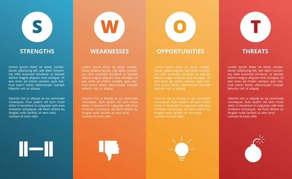 Swot Stärke Schwäche Gelegenheit Bedrohung Diagramm Konzept Präsentation mit modernem Stil und Symbol horizontales Layout - Vektor — Stockvektor