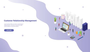 web sitesi şablonu afiş veya açılış ana sayfası için ekip insanlar ve finansal yönetici verileri ile crm müşteri ilişkileri yöneticisi kavramı - vektör