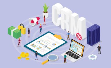 crm müşteri ilişkileri yöneticisi kavramı ile ekip insanları ve finansal yönetici verileri ile İzometrik modern düz tarzı - vektör