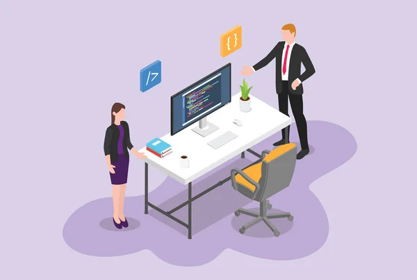 izometrik boş sandalye ve çalışma masası programı ile programcı veya yazılım geliştirici boş kavramı kiralama - vektör