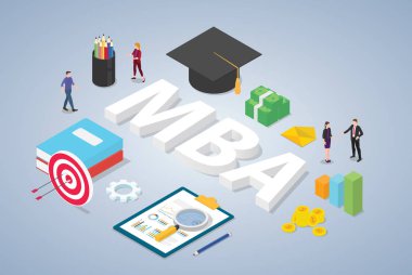 lisansüstü üniversite şapka eğitimi ve isometrik modern tarzı ile takım insanlar ile işletme kavramı mba master - vektör