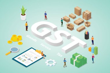 büyük kelimeler ve modern isometrik düz ile insan takım iş ile gst mal hizmet vergisi - vektör