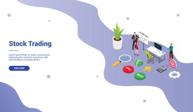 modern izometrik tarzı ile web sitesi şablonu veya açılış ana sayfası için iş adamı takım insanlar ile tüccar borsa ticaret konsepti - vektör