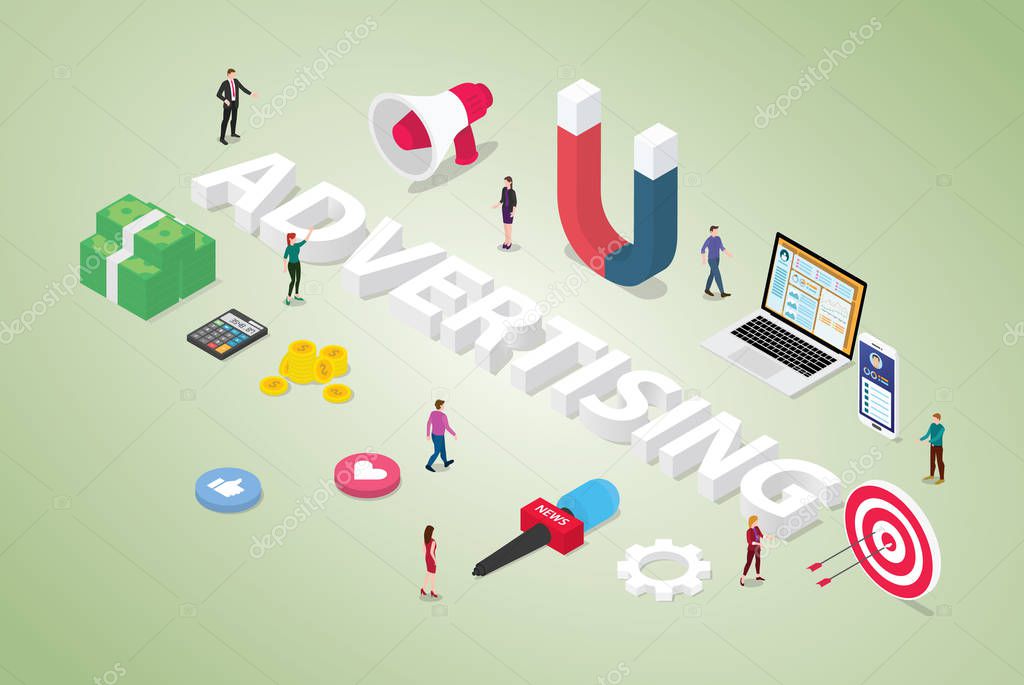 advertising concept with big word and team people for market product with money and object related with modern isometric style - vector