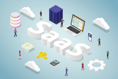 isometrik modern tarzı ile büyük kelime ve sunucu veritabanı bilgisayar uygulaması web sitesi ile bir hizmet iş konsepti olarak saas yazılım - vektör