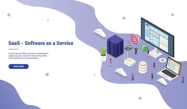 saas yazılım isometrik modern tarzı ile web sitesi şablonu açılış ana web sitesi için takım insanlarla büyük kelime ile bir hizmet iş konsepti olarak - vektör