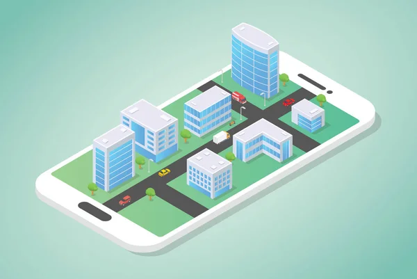 等轴测城市在智能手机的顶部与建筑和汽车在街上与现代平面风格 - 矢量 — 图库矢量图片