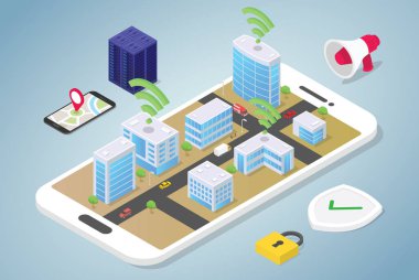 modern düz izometrik tarzı ile internet wifi teknolojisi kullanılarak bağlı büyük binalar ve takım insanlar araç ile akıllı şehir konsepti - vektör