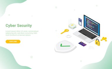 ekip insanları ve web sitesi şablonu veya iniş ana sayfası için modern düz stil ve isometrik tasarım ile güvenli kod programcısı ile siber güvenlik kavramı - vektör