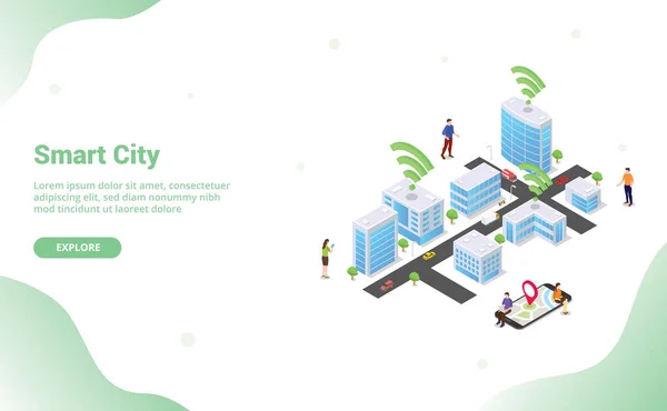 modern düz izometrik tarzı ile web sitesi şablonu açılış ana sayfası için internet wifi teknolojisini kullanarak bağlı büyük binalar ve takım insanlar araç ile akıllı şehir kavramı - vektör