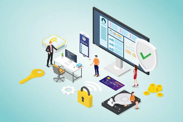 ekip insanları ve modern düz stil ve isometrik tasarım ile güvenli kod programcısı ile siber güvenlik kavramı - vektör