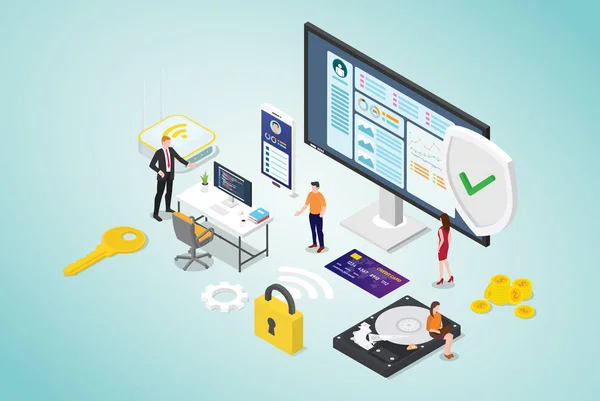 Concepto de seguridad cibernética con personal de equipo y programador de código seguro con estilo plano moderno y diseño isométrico - vector — Archivo Imágenes Vectoriales