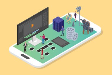 Modern izometrik düz tarzı ile çeşitli film yapımlarıyla akıllı telefonda mobil video düzenleme ve üretim-vektör