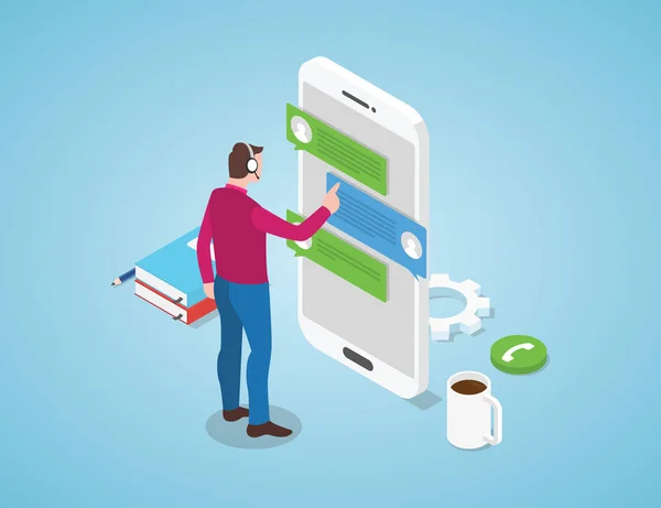 modern izometrik düz tarzı ile akıllı telefon uygulamalarında kulaklık ve sohbet müşteri desteği ile adam ayakta çağrı merkezi kavramı sohbet - vektör