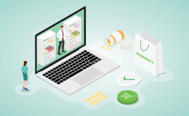 modern isometrik düz tarzı ile dizüstü uygulamaları ile ekip doktoru ve hemşire ile online eczane eczane mağaza kavramı - vektör