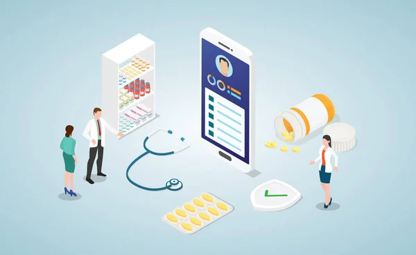 akıllı telefon ve isometrik modern düz tarzı ile doktor ile online tanı sağlık tıbbi danışma - vektör