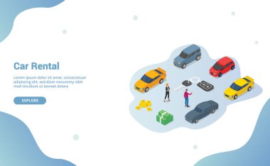 web sitesi şablonu veya iniş ana sayfası için modern izometrik tarzı ile takım insanlarla çeşitli araba modeli ve kağıt sözleşme ile araba kiralama iş konsepti - vektör