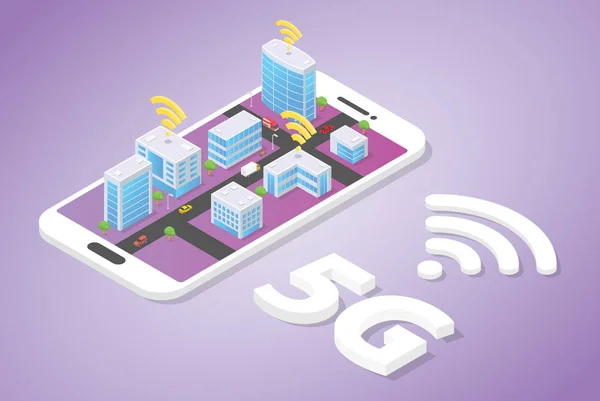 5g сеть по технологии Smart City Building с Wi-Fi сигналом поверх смартфона с изометрическим современным стилем - вектор — стоковый вектор
