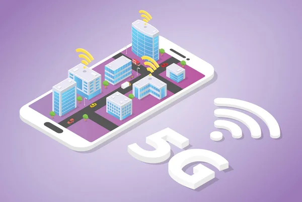 Izometrik modern stil ile akıllı telefonun üstüne wifi sinyali ile akıllı şehir bina teknolojisi 5g ağ - vektör