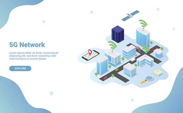Web sitesi şablonu veya iniş ana sayfası için izometrik modern tarzı ile wifi sinyali ile akıllı şehir bina teknolojisi 5g ağ - vektör