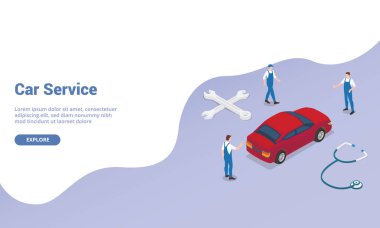 web sitesi şablonu iniş ana sayfası için izometrik modern düz tarzı ile araba ve para ile takım mühendisi teknisyen teknisyen mekanik ile araba servis konsepti - vektör