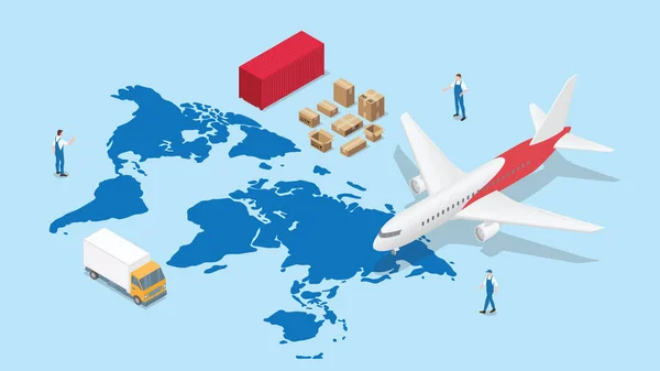 Rete logistica globale con mappa del mondo e trasporto aereo e camion container con moderno stile isometrico — Vettoriale Stock