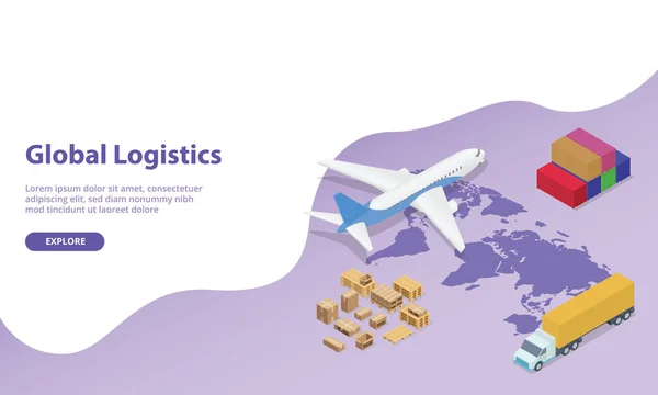 Global logistics network with world map and transportation plane and truck container with modern isometric style for website template landing homepage — Stock Vector