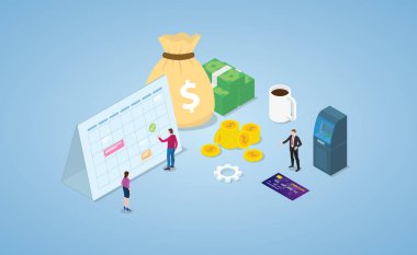 takvim ve para nakit ve kredi kartı ile ödeme günü kavramı iş adamları ve modern izometrik tarzı - vektör