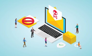 takım insanlar ve izometrik modern düz ile dizüstü bilgisayarda bülten ve kafatası ve tehlike simgesi sembolü ile spam kavramı - vektör