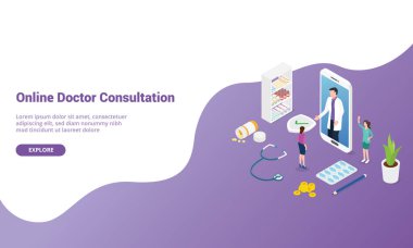 web sitesi şablonu veya iyometrik modern tarzı ile açılış ana sayfası için online doktor danışma - vektör