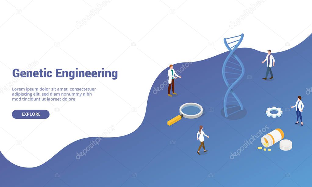 dna genetic engineering with team doctor people for website template or landing homepage with isometric modern style - vector