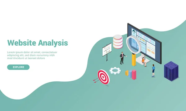 web sitesi şablonu veya iyometrik modern tarzda açılış ana sayfası için grafik ve grafik ile web sitesi analizi verileri - vektör