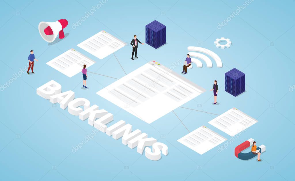 backlinks seo search engine optimization concept with big words and team people with modern isometric style - vector