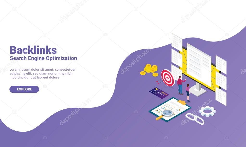 backlinks seo search engine optimization concept for website with modern isometric style for website template or landing homepage - vector