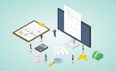 kağıt belge ve modern izometrik düz tarzı ile para ve finans altın hesaplama ile monitör ile online vergi raporu - vektör