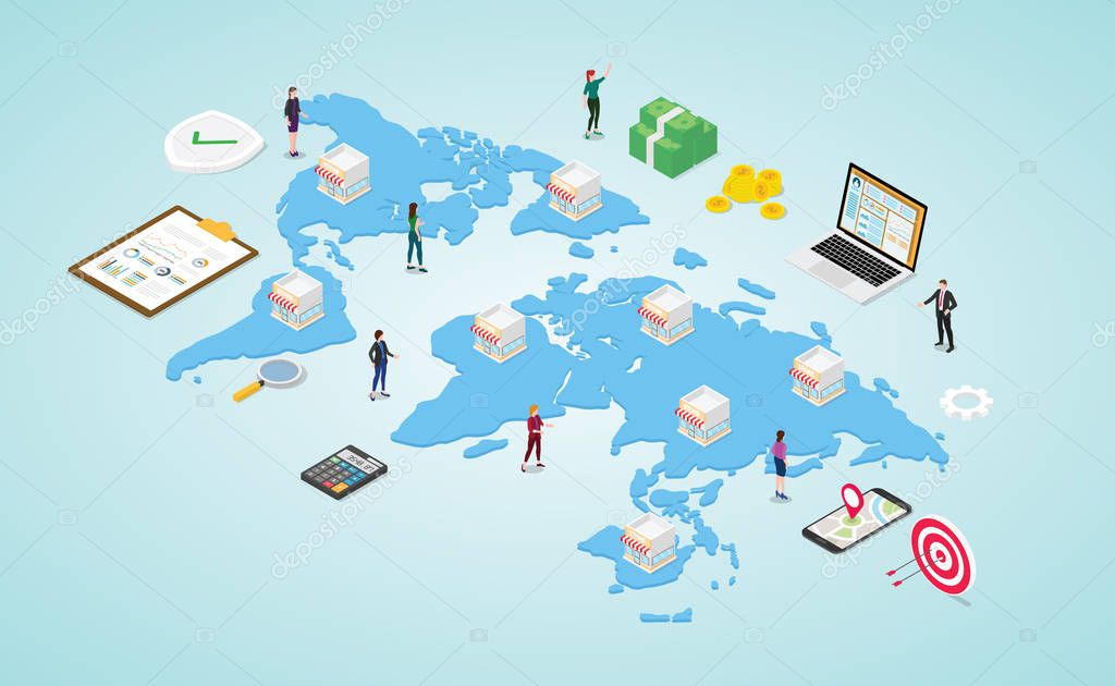 franchise business with multiple store and people with money and finance calculation with world map and isometric modern flat style - vector