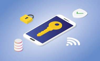 Modern izometrik tarzda güvenli asma kilit ve veritabanı kalkanına sahip telefon güvenliği kavramı - vektör