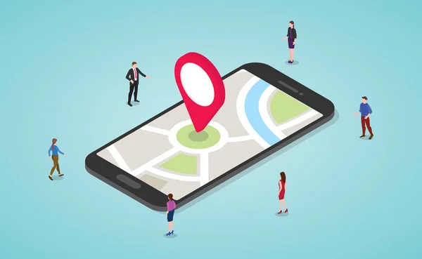 GPS-Navigationskonzept mit Menschen und Smartphone und Karten und Marker mit modernem isometrischen flachen Stil - Vektor — Stockvektor